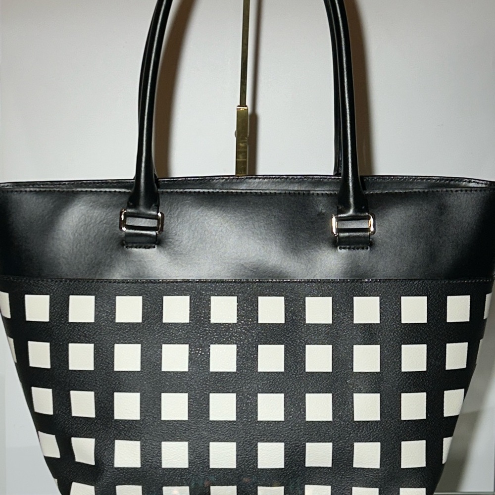 Kate Spade Black & White Checkered Pebbled Leather Tote Bag 17” x10.5” x 5” NWOT - Picture 3 of 16